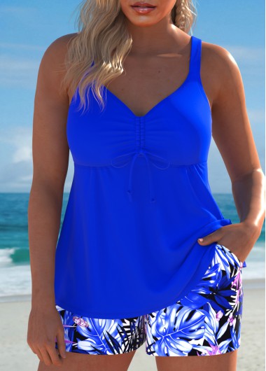 ROTITA Drawstring Royal Blue Tropical Plants Print Tankini Set