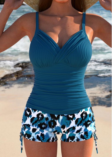 ROTITA Ruched Peacock Blue Leopard Tankini Set
