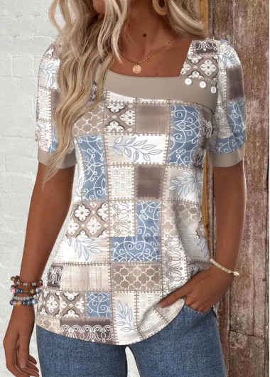ROTITA Patchwork Geometric Print Light Coffee Asymmetrical Neck T Shirt