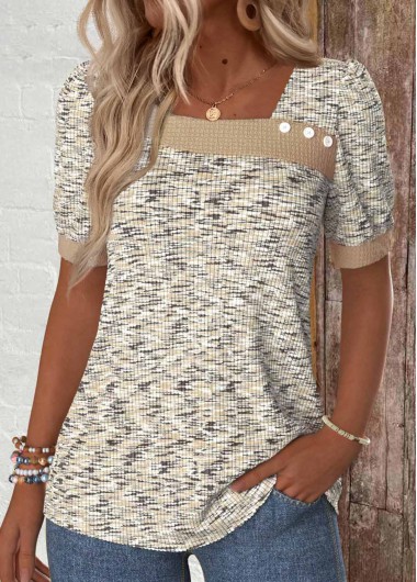 ROTITA Button Light Coffee Asymmetrical Neck Short Sleeve T Shirt