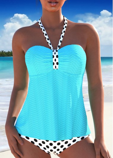 ROTITA Ruched Light Blue Polka Dot Tankini Set