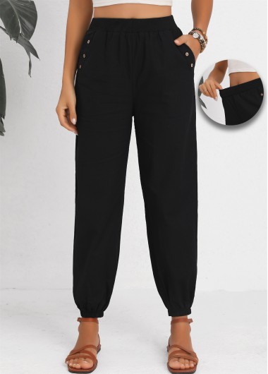 Button Jogger Elastic Waist High Waisted Black Pants