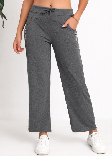 Button Dark Grey Elastic Waist Mid Waisted Pants