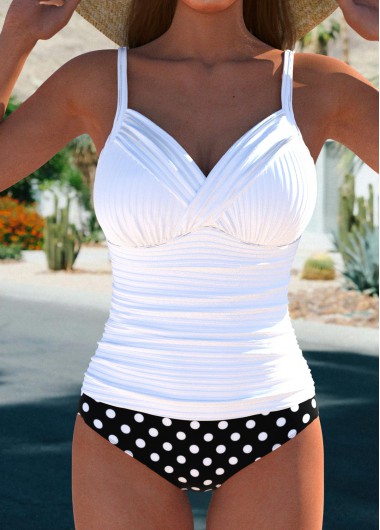 ROTITA Surplice White Polka Dot Tankini Set