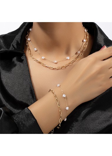 Heart Pearl Gold Necklace and Bracelet