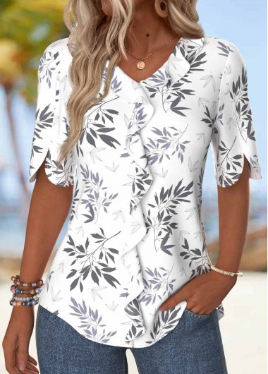 ROTITA Ruffle Leaf Print White V Neck Blouse