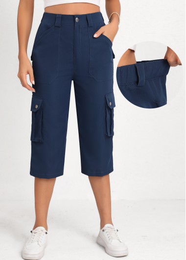 Button Navy Straight Leg High Waisted Pants