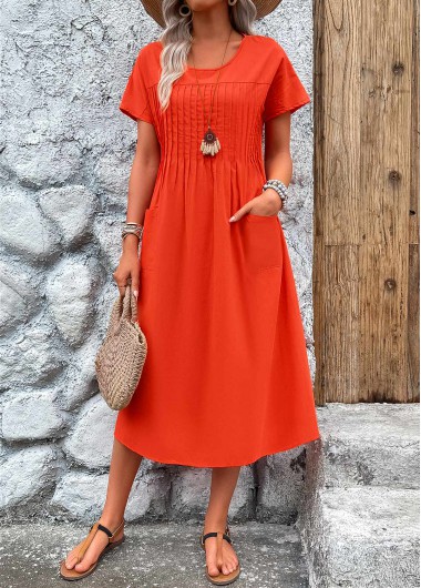 ROTITA Pleated Neon Red Round Neck Short Sleeve Dress