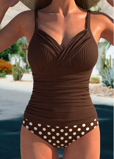 ROTITA Surplice Dark Coffee Polka Dot Tankini Set
