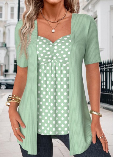 ROTITA Polka Dot Green Heart Collar Fake Two Piece Twinset