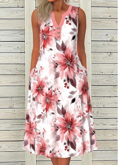 ROTITA Button Floral Print Pink A Line Split Neck Dress