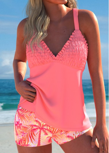 ROTITA Smocked Coral Tropical Plants Print Tankini Set