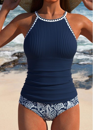 ROTITA Contrast Binding Navy Marine Life Print Tankini Set