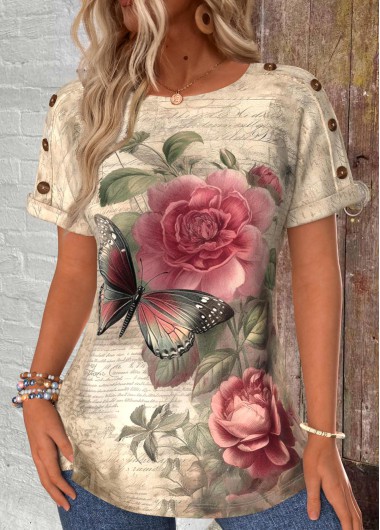 ROTITA Button Floral Print Light Camel Round Neck T Shirt