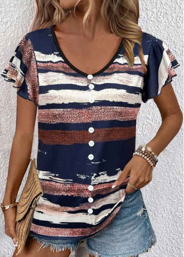 ROTITA Button Geometric Print Multi Color V Neck T Shirt