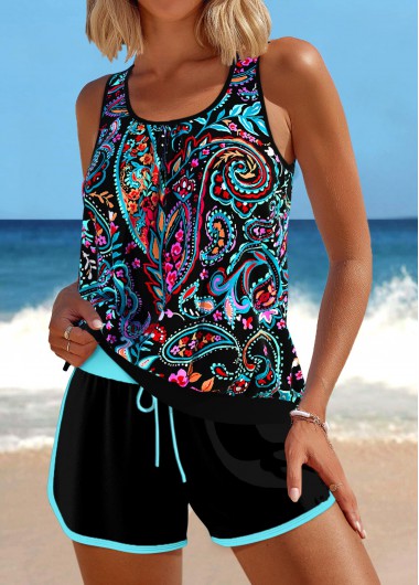 ROTITA Contrast Binding Black Paisley Print Tankini Set