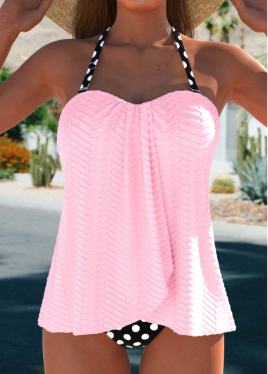 ROTITA Cross Hem Light Pink Polka Dot Tankini Set