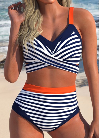 ROTITA Surplice High Waisted Navy Striped Bikini Set