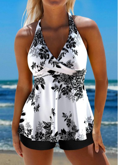 ROTITA Criss Cross White Floral Print Tankini Top