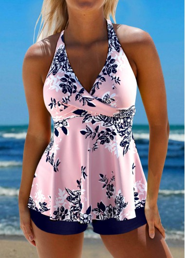ROTITA Criss Cross Pink Floral Print Tankini Top