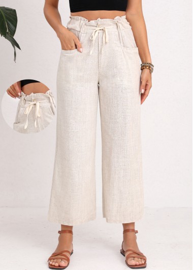 Button Light Camel Drawastring High Waisted Pants