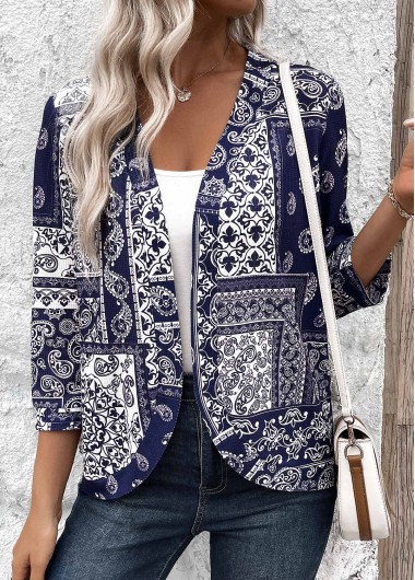 ROTITA Tribal Print Navy 3/4 Sleeve Light Coat