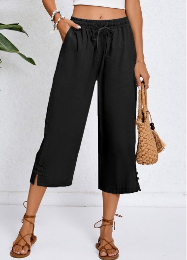 Pocket Black Elastic Waist High Waisted Pants