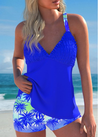 ROTITA Smocked Royal Blue Tropical Plants Print Tankini Set