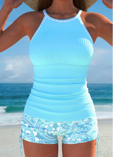 ROTITA Contrast Binding Cyan Paisley Print Tankini Set