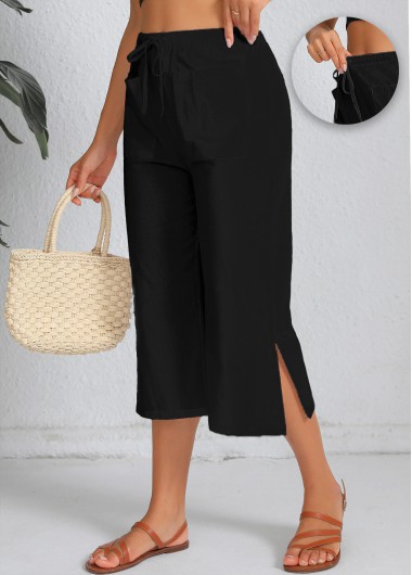 Pocket Black Elastic Waist High Waisted Pants