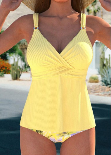 ROTITA Surplice Light Yellow Tropical Plants Print Tankini Set