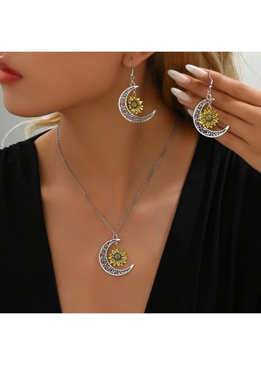 Moon Sunflower Silvery White Alloy Earrings