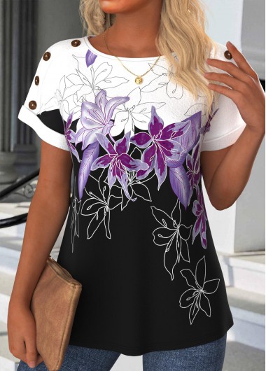 ROTITA Button Floral Print Black Round Neck T Shirt