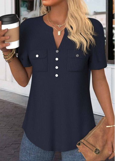 ROTITA Button Navy Split Neck Short Sleeve Blouse
