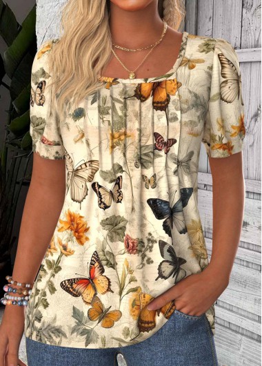 ROTITA Tuck Stitch Butterfly Print Light Yellow T Shirt