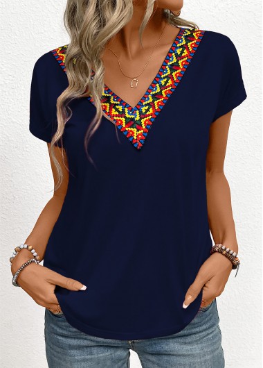 Patchwork Tribal Print Navy V Neck T Shirt