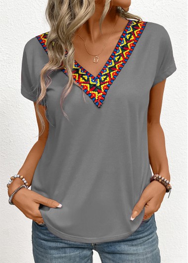 Patchwork Tribal Print Grey V Neck T Shirt