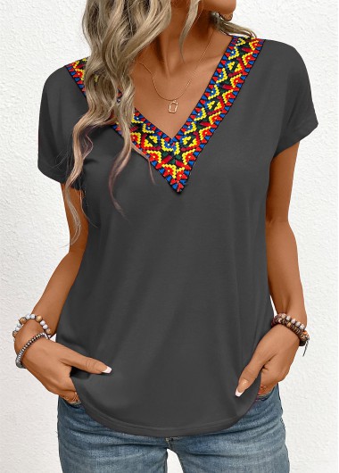 Patchwork Tribal Print Dark Grey V Neck T Shirt