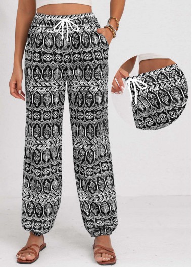 Drawstring Tribal Print Black Jogger Elastic Waist Pants