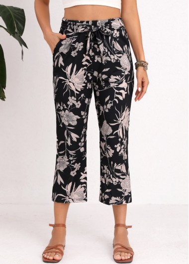 Floral Print Black Belted Regular Elastic Waist Pants