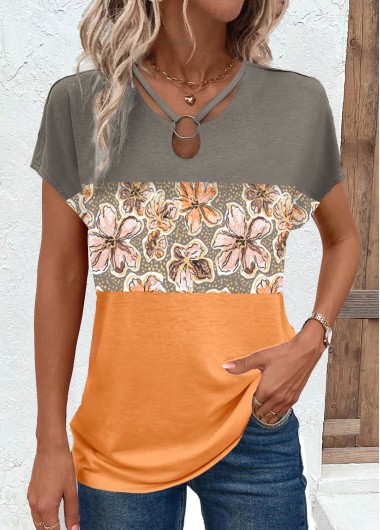 ROTITA Circular Ring Floral Print Orange Short Sleeve T Shirt