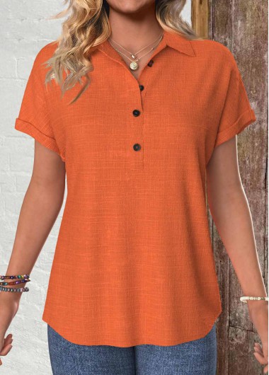 ROTITA Button Terracotta Shirt Collar Short Sleeve Blouse