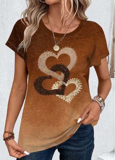 ROTITA Ombre Dark Coffee Round Neck Short Sleeve T Shirt