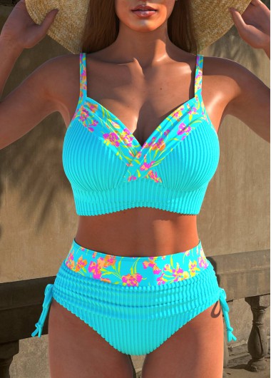 ROTITA Jacquard Cyan Floral Print Bikini Set