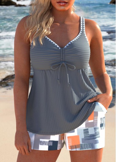 ROTITA Bowknot Grey Geometric Print Tankini Set