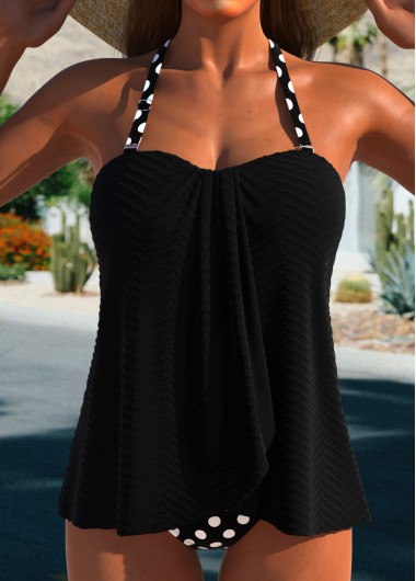 ROTITA Cross Hem Black Polka Dot Tankini Set
