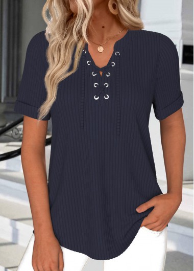 ROTITA Lace Up Navy Short Sleeve T Shirt