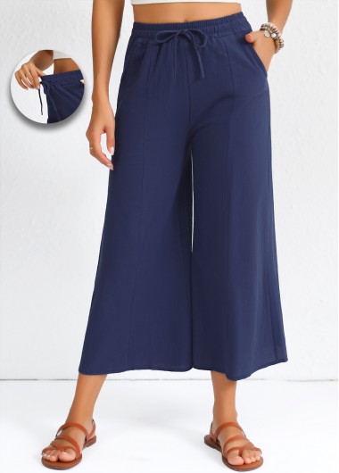 Drawstring Flare Leg Elastic Waist High Waisted Navy Pants
