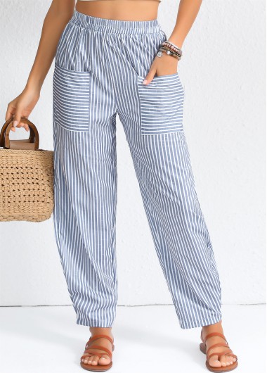 Patchwork Striped Dusty Blue Elastic Waist High Waisted Pants