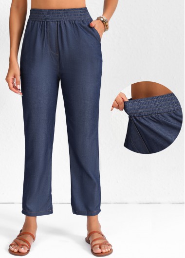 Smocked Navy Elastic Waist High Waisted Pants
